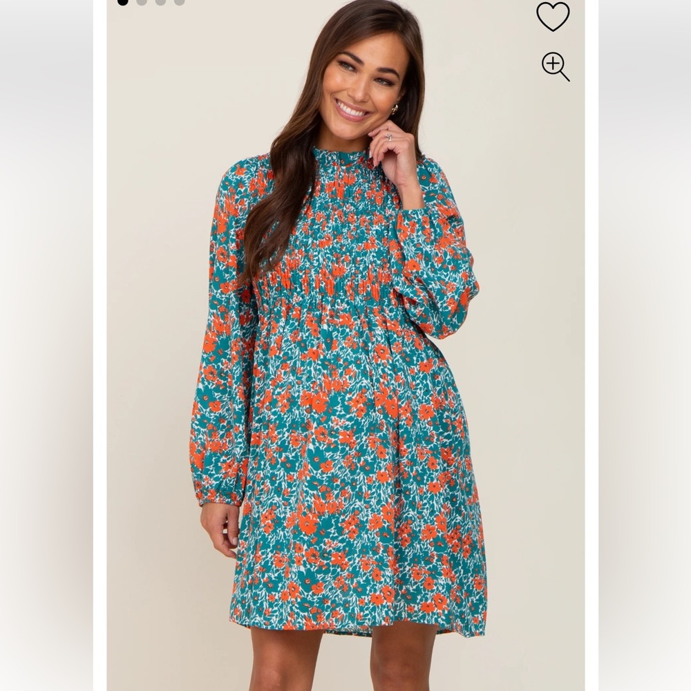 JODIFL Teal Floral Long Sleeve Smocked Mini Dress